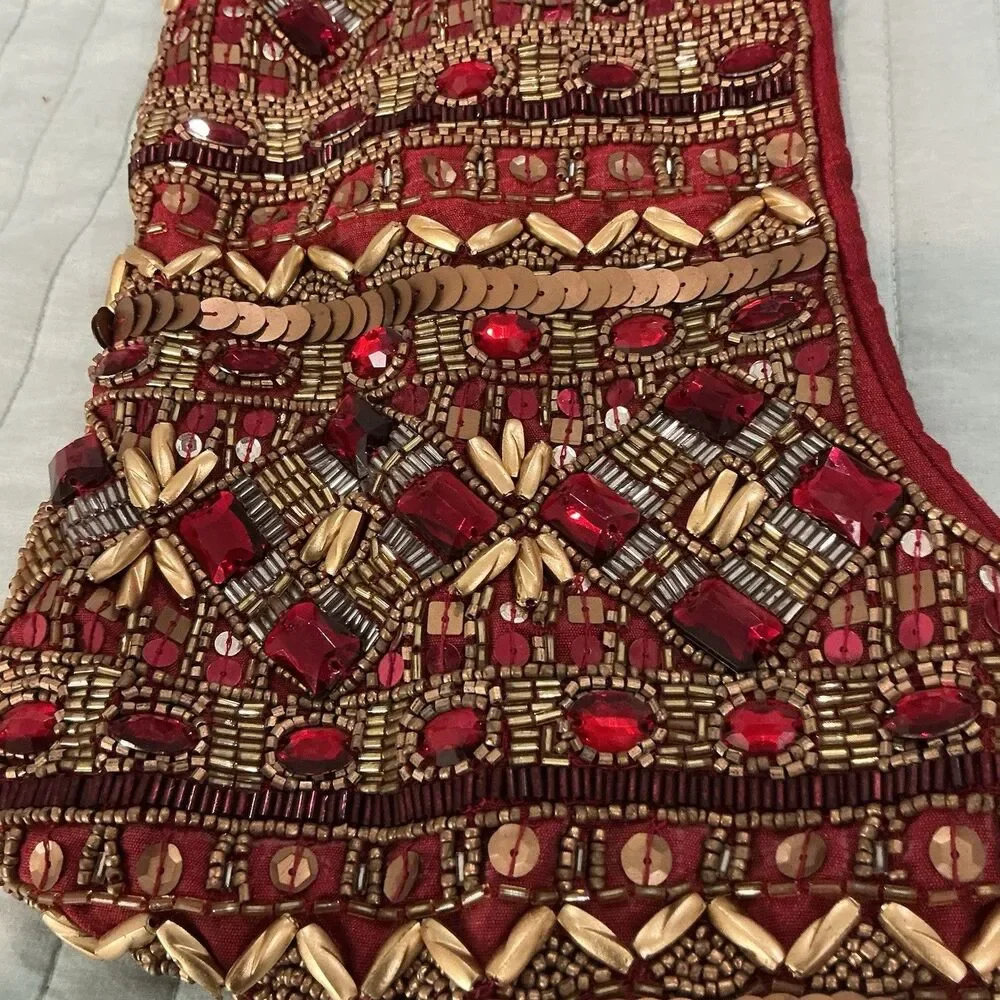 Kim Seybert Beaded Christmas Stocking Red Gold Jeweled Holiday Decor 19”